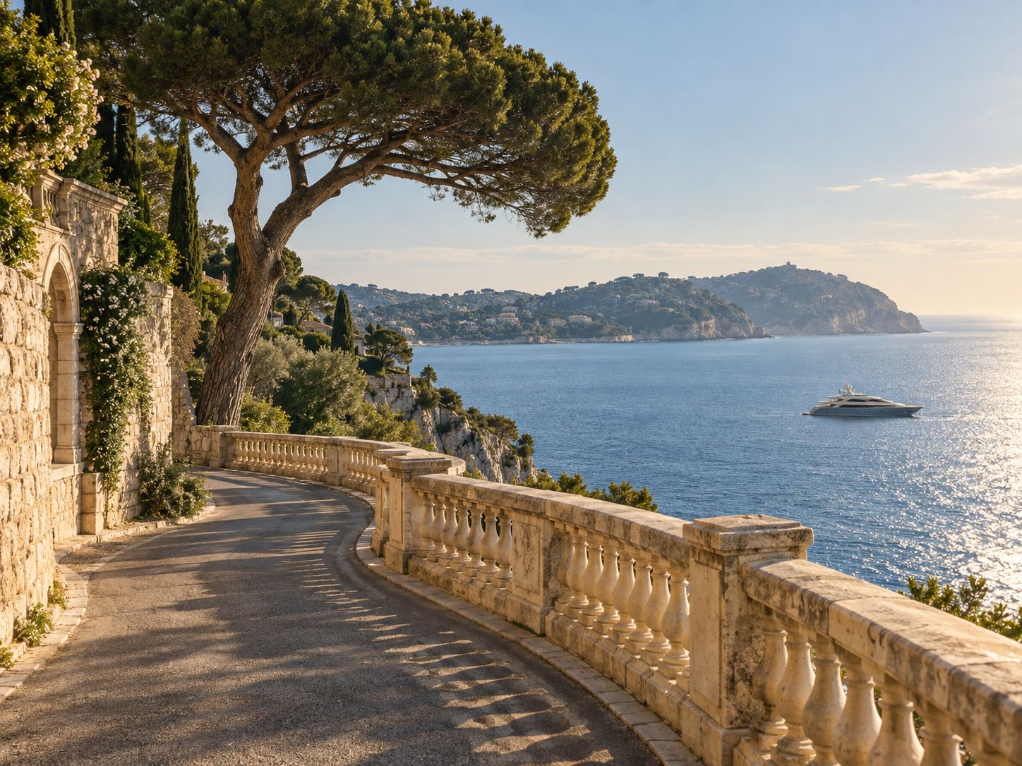 Une allée de pierre et la Méditerranée dans la lumière de fin de journée